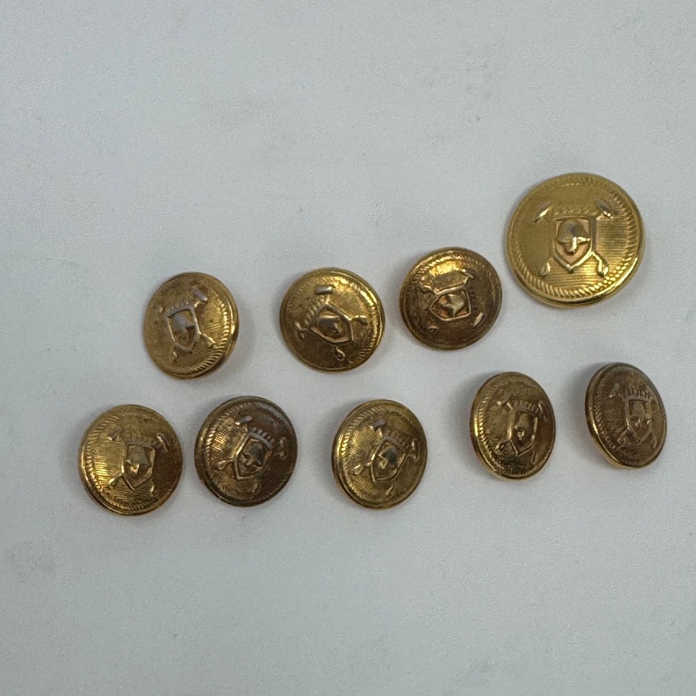 9pc Vintage Gold Tone Crest Shield Blazer Buttons Set Military Style Shank Back